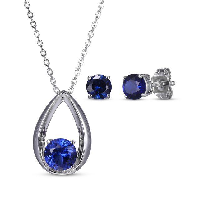 Round-Cut Blue Lab-Created Sapphire Necklace & Stud Earrings Gift Set Sterling Silver 18"