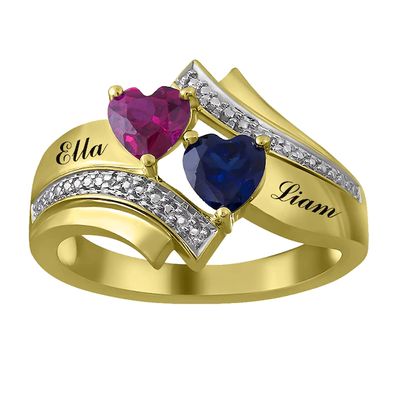 Couple's Heart Birthstone Bypass Ring (2 Stones and Lines)