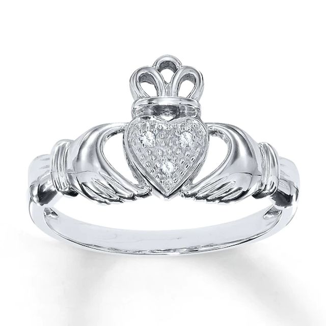 Previously Owned Diamond Claddagh Ring Diamond Accents Round-cut 10K White Gold - Size 10