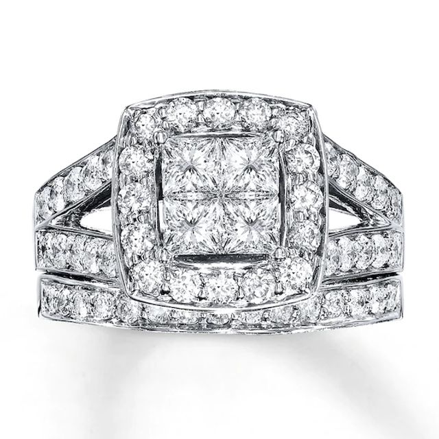 Previously Owned Diamond Bridal Set 2 ct tw Princess & Round-cut 14K White Gold - Size 12