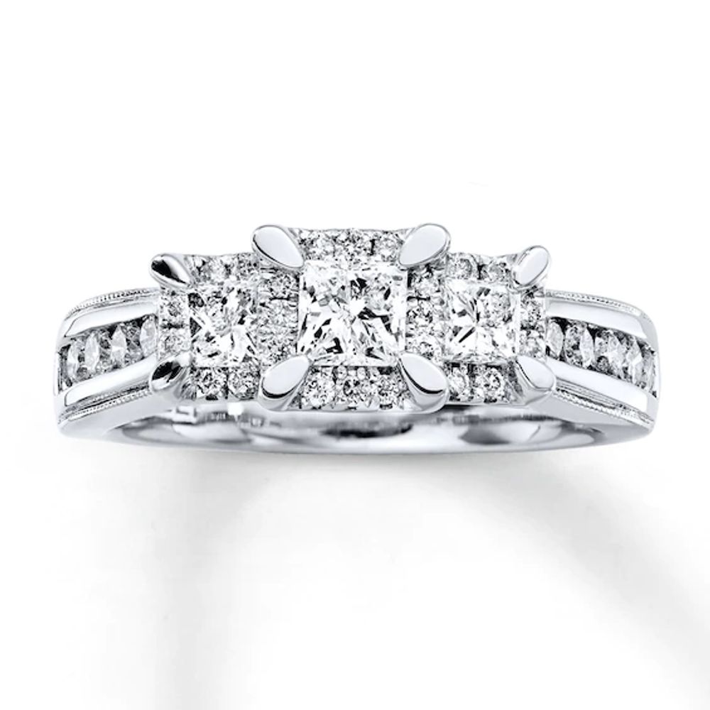Previously Owned Three-Stone Ring 1 ct tw Princess & Round-cut Diamonds 14K White Gold