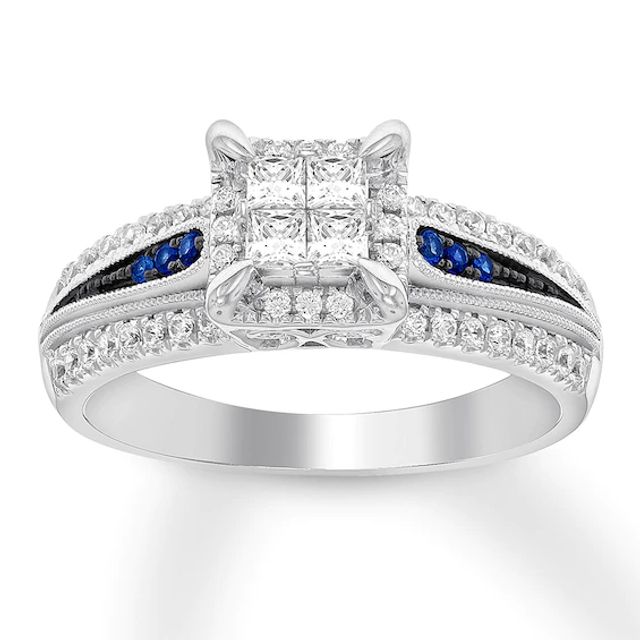 Previously Owned Diamond/Sapphire Engagement Ring 5/8 ct tw Princess & Round-cut 14K White Gold - Size 8.75