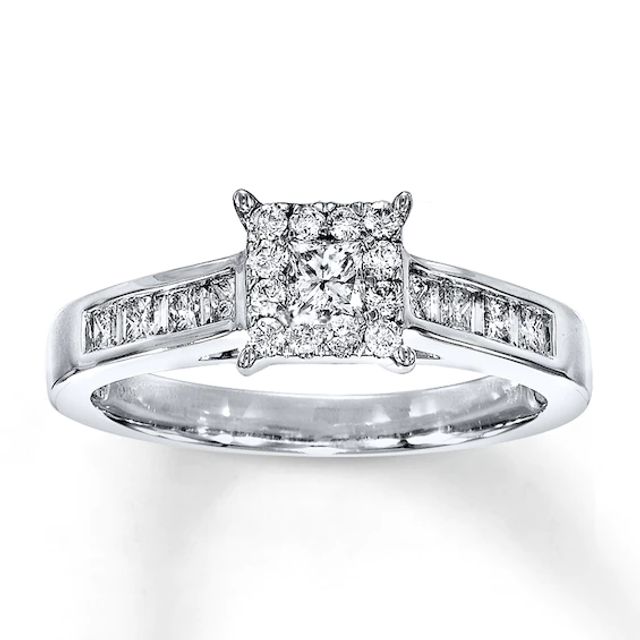 Previously Owned Diamond Engagement Ring 5/8 ct tw Princess, Round & Baguette-cut 14K White Gold - Size 4