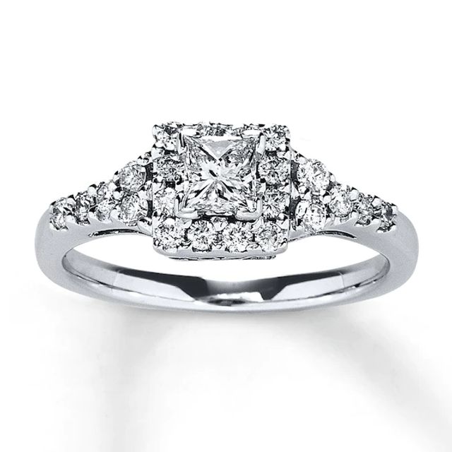 Previously Owned Engagement Ring 3/4 ct tw Princess & Round-cut Diamonds 14K White Gold - Size 9.75