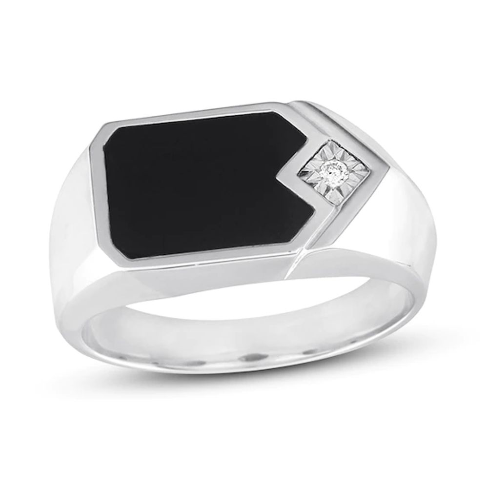 Previously Owned Men's Black Onyx Ring Diamond Accent 10K White Gold