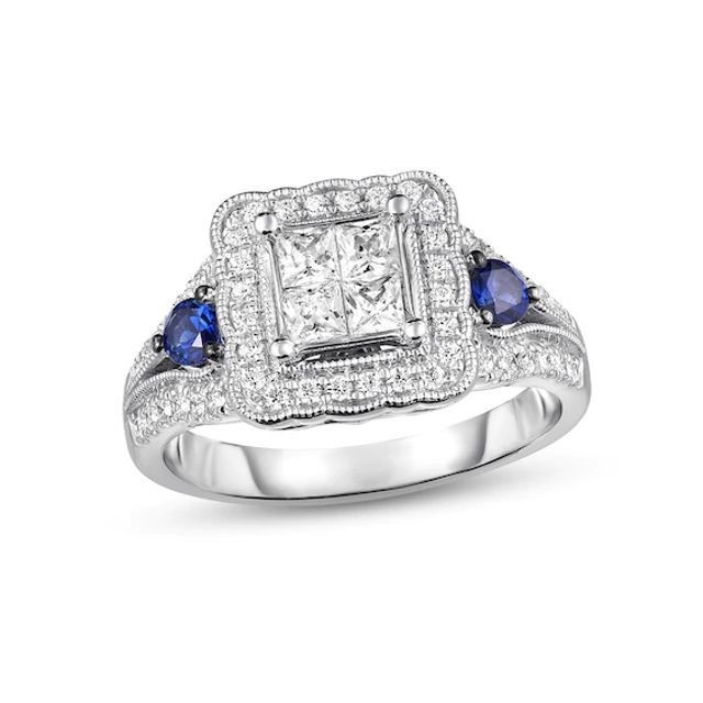 Previously Owned Diamond & Sapphire Engagement Ring 3/4 ct tw Princess & Round-cut 14K White Gold