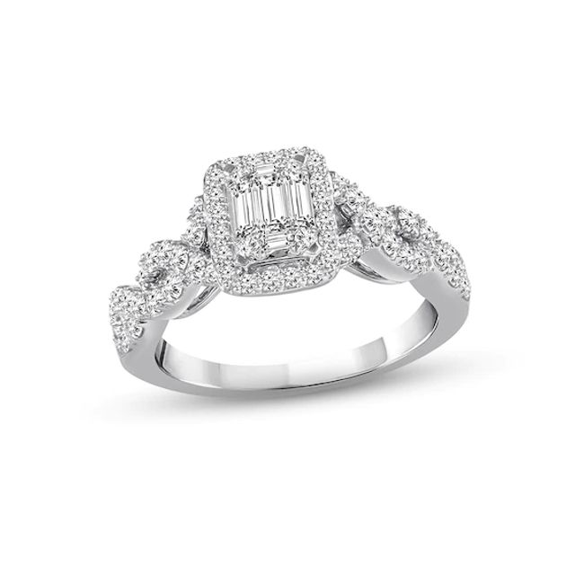 Previously Owned Diamond Engagement Ring 7/8 ct tw Baguette & Round-cut 14K White Gold