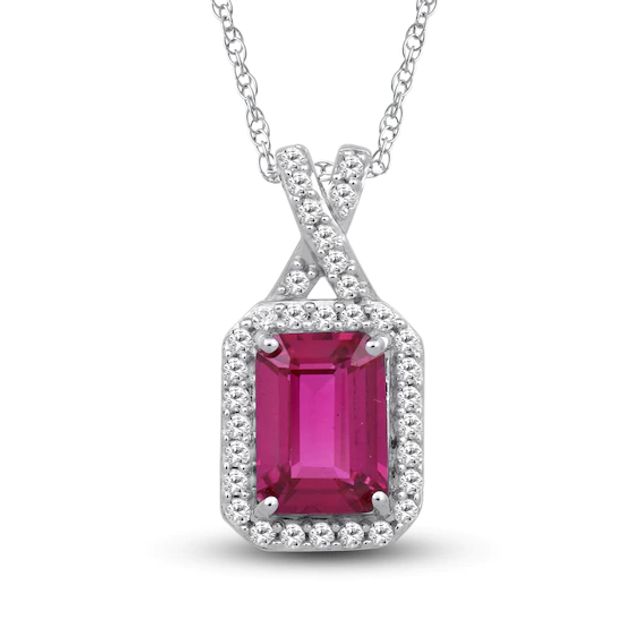 Lab-Created Ruby & White Lab-Created Sapphire Octagon Necklace Sterling Silver 18"