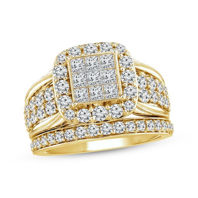 Princess & Round-Cut Multi-Diamond Center Vintage-Style Bridal Set 2 ct tw 14K Yellow Gold