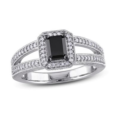 Black Diamond Engagement Ring 7/8 ct tw Emerald & Round 10K White Gold