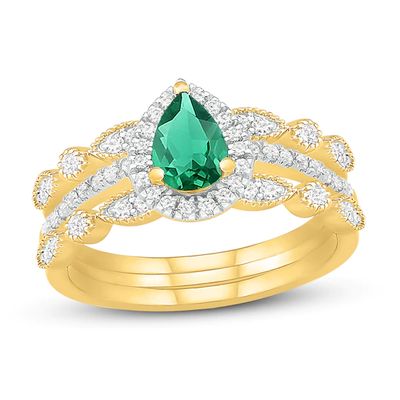 Adore Emerald & Diamond Double Band Bridal Set 3/8 ct tw 10K Yellow Gold