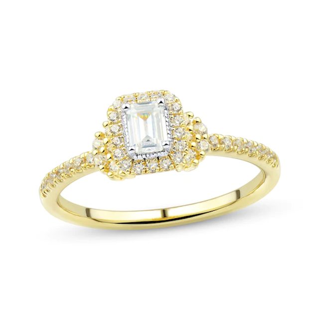 Emerald & Round-Cut Diamond Halo Engagement Ring 1/2 ct tw 14K Yellow Gold
