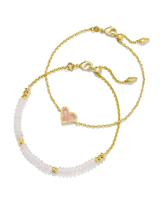 Ari Heart Gold Delicate Chain Bracelet Set of 2 in Rose Quartz