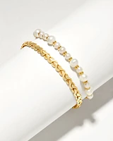 Jovie Gold Beaded Bracelet Set of 2 in White Pearl