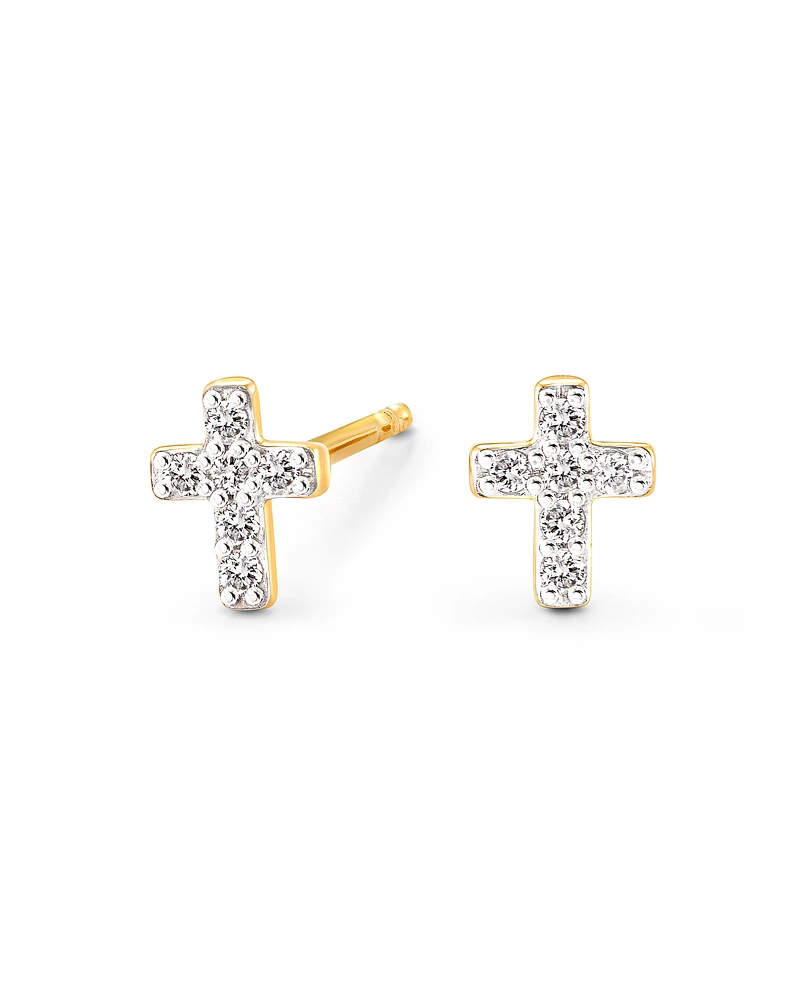 Cross 14k Yellow Gold Small Stud Earrings in White Diamond