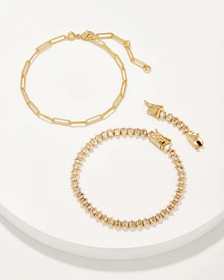 Courtney Gold Paperclip Bracelet Set of 2 in White Crystal