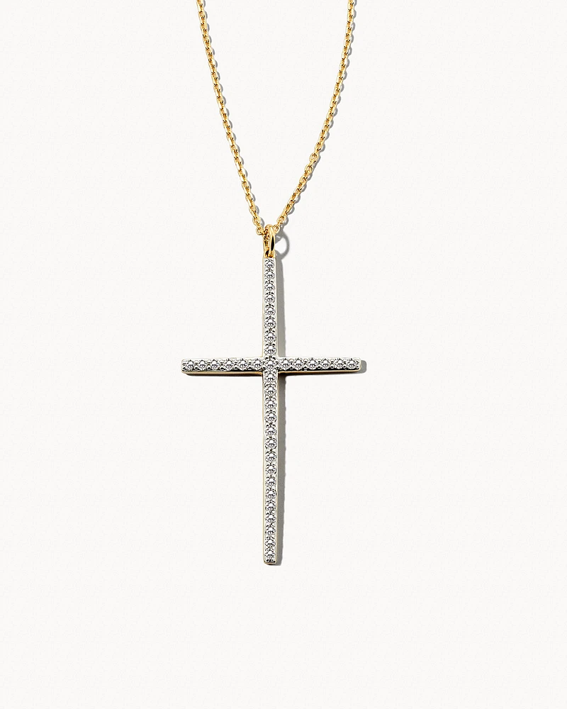 Statement Cross 14k Yellow Gold Necklace in White Diamond