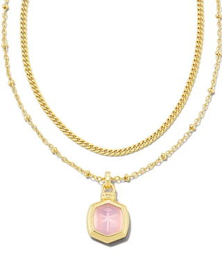 Davie Intaglio Gold Multi Strand Necklace in Pink Opalite Glass Dragonfly