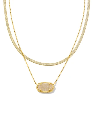 Elisa Herringbone Gold Multi Strand Necklace in Iridescent Drusy