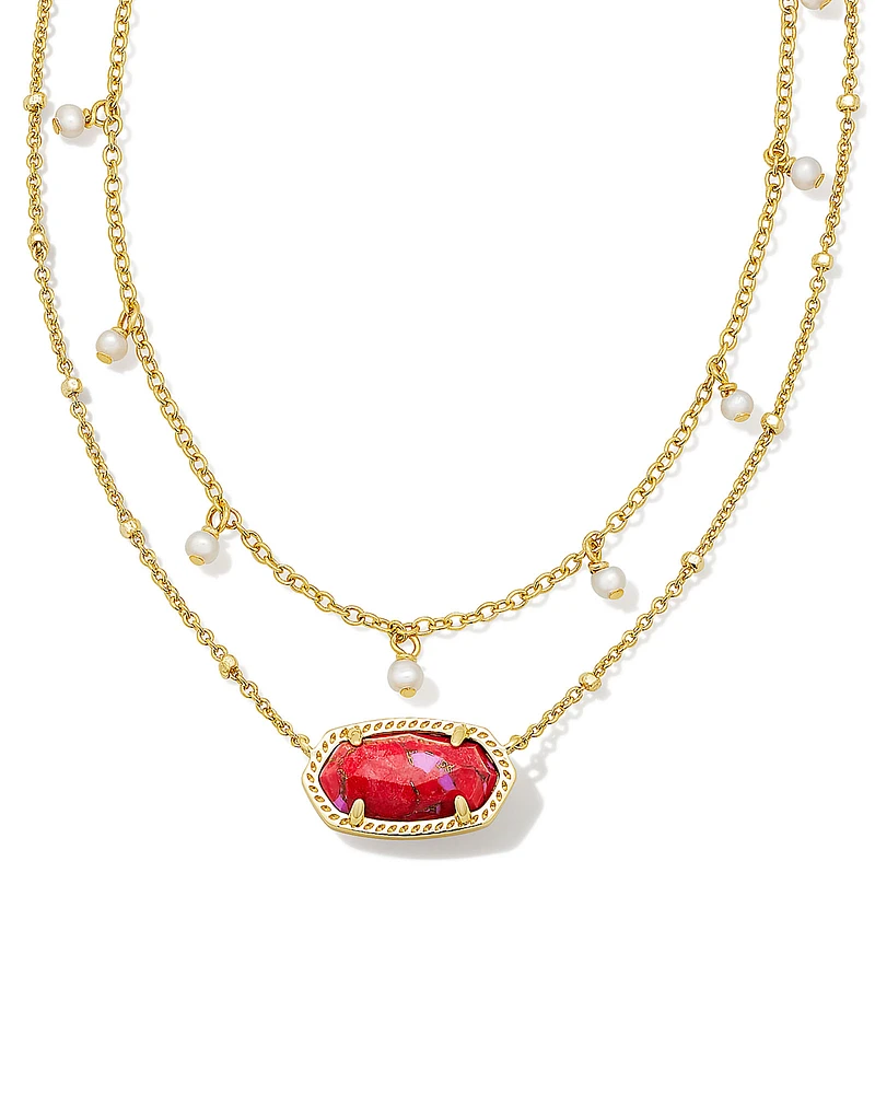 Elisa Gold Pearl Multi Strand Necklace in Bronze Veined Red and Fuchsia Magnesite