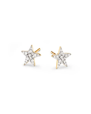 Star 14k Yellow Gold Stud Earrings in White Diamonds