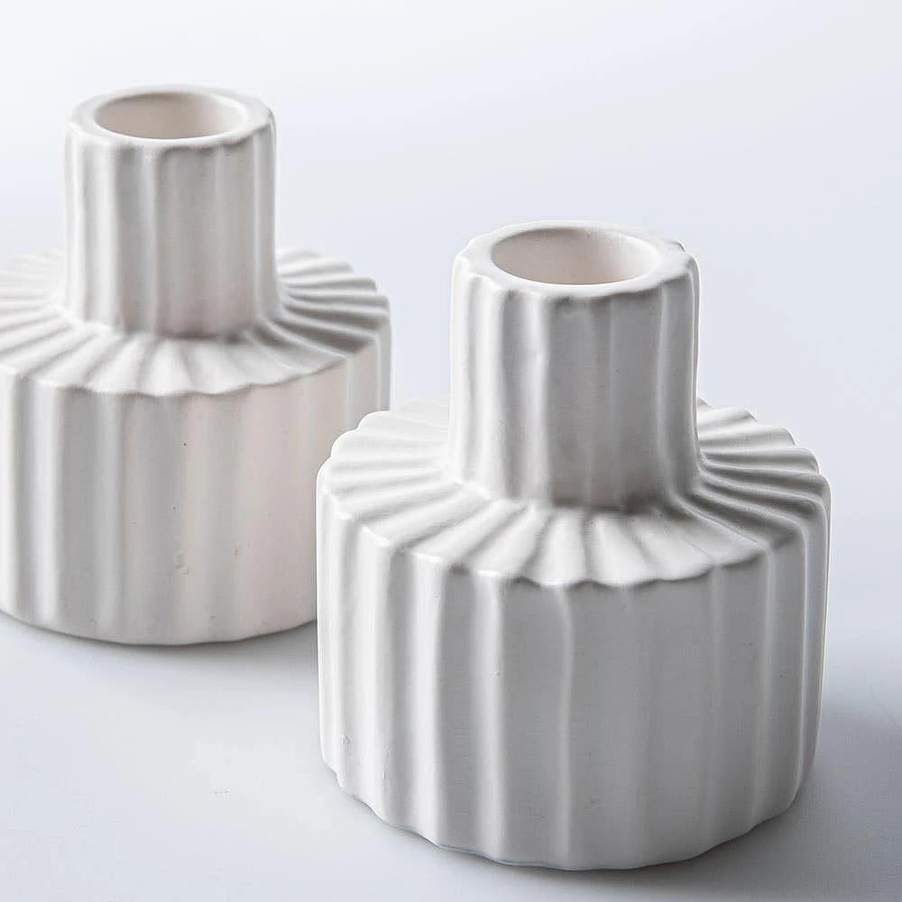 KSP Panelled Ceramic Taper Candle Holder - Set of 2 (White)