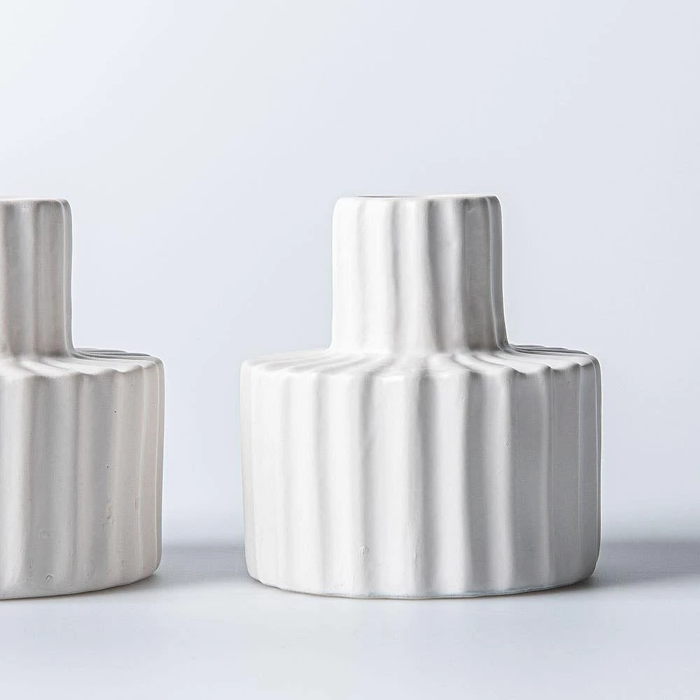 KSP Panelled Ceramic Taper Candle Holder - Set of 2 (White)
