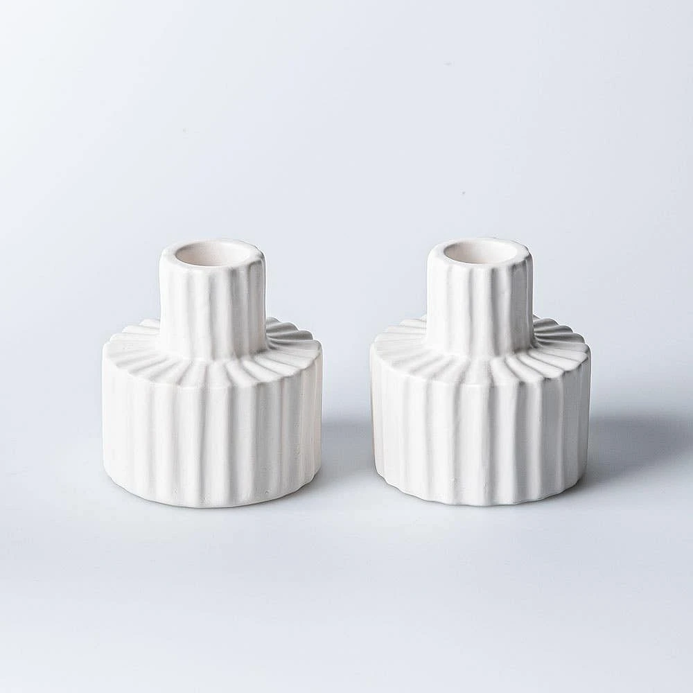 KSP Panelled Ceramic Taper Candle Holder - Set of 2 (White)