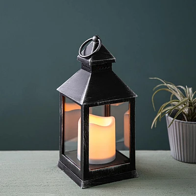 KSP Flicker 'Metal Look' LED Plastic Lantern 10cm sq. x 24cm