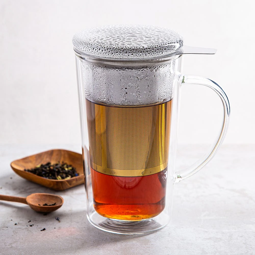 KSP Milano Double Wall Glass Tea Mug with  Mesh Infuser 400ml (Clear)