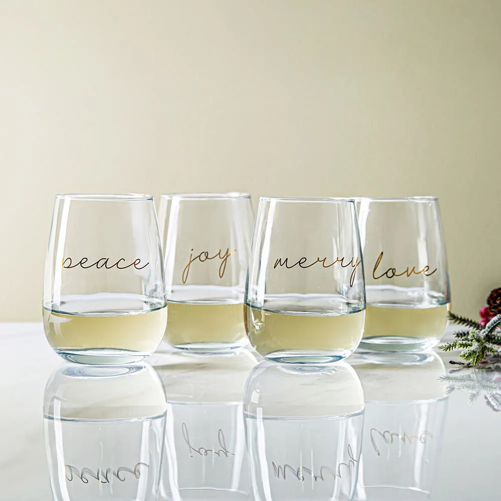 KSP Christmas Cheers 'Peace Joy Love' Stemless Wine Glass - Set of 4