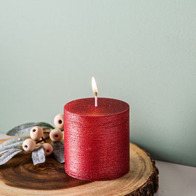 Deco Lite Christmas Metallic Glitter Pillar Candle (Red)