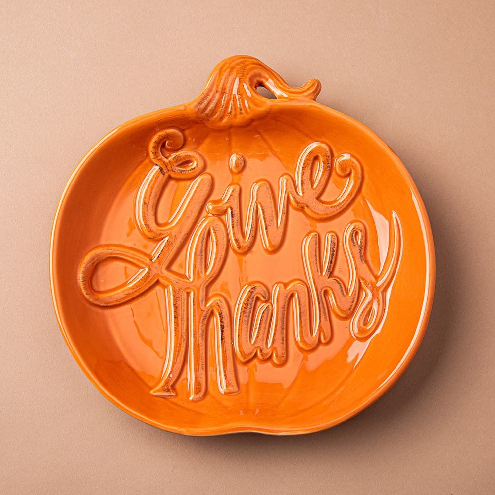 Deco Home Harvest 'Give Thanks' Pumpkin Shaped Serving Plate (Orange)