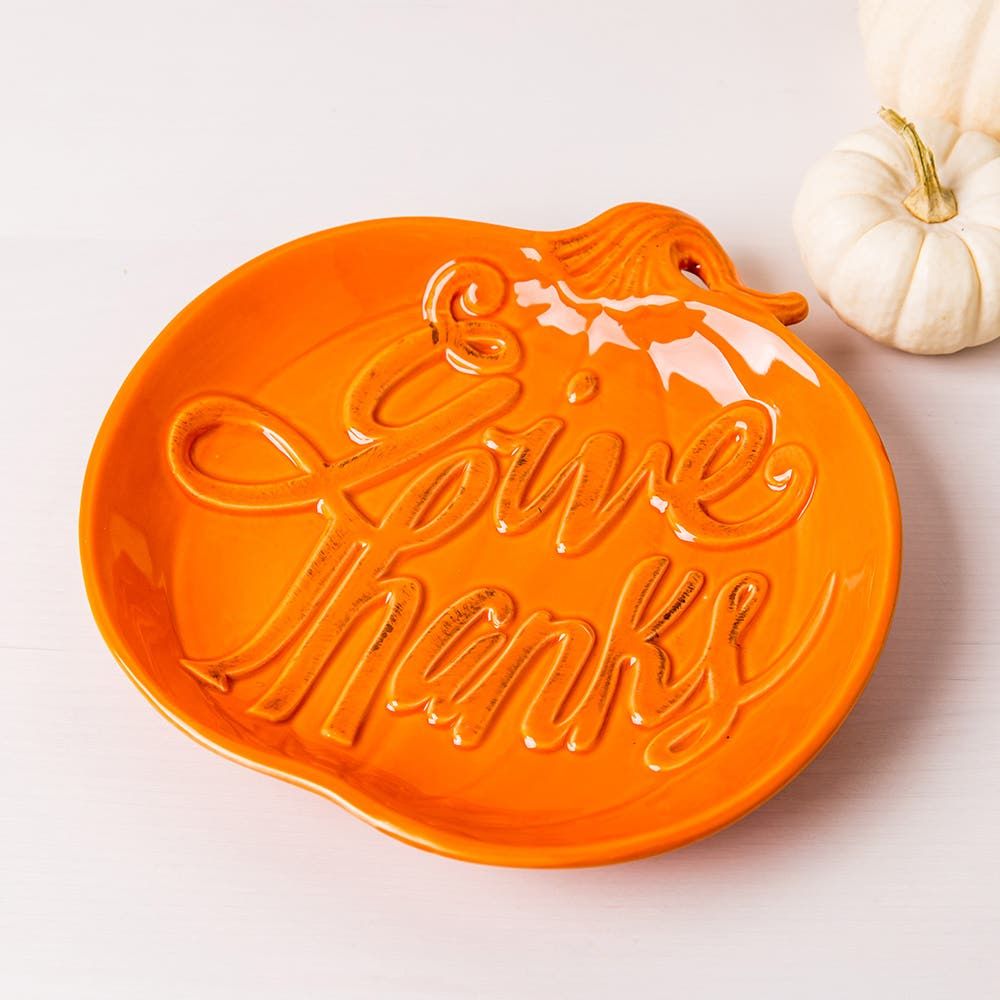 Deco Home Harvest 'Give Thanks' Pumpkin Shaped Serving Plate (Orange)