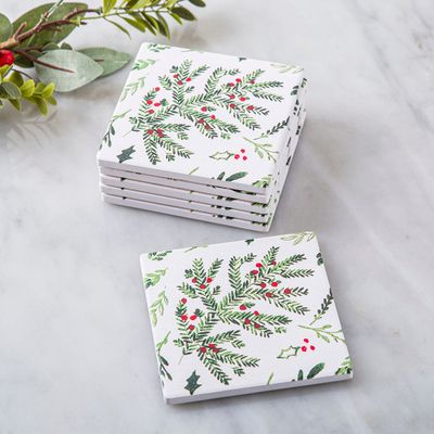 Harman Christmas 'Holly' Ceramic Coaster - Set of 6 (Multi Colour)