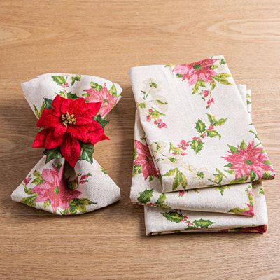 Harman Christmas Shimmer Poinsettia Cotton-Poly Napkin - S/4 (Green)