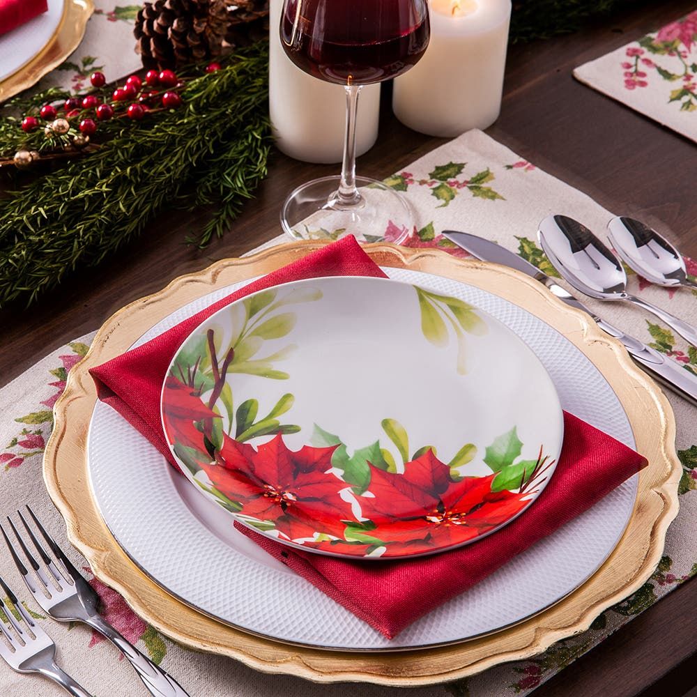 Harman Christmas Shimmer Poinsettia Cotton-Poly Placemat (Green)