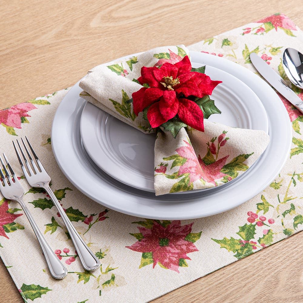 Harman Christmas Shimmer Poinsettia Cotton-Poly Placemat (Green)