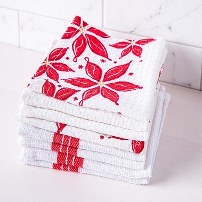 Home Style Christmas 'Poinsettia' Cotton Dish Cloths - Set of 8 (Red)