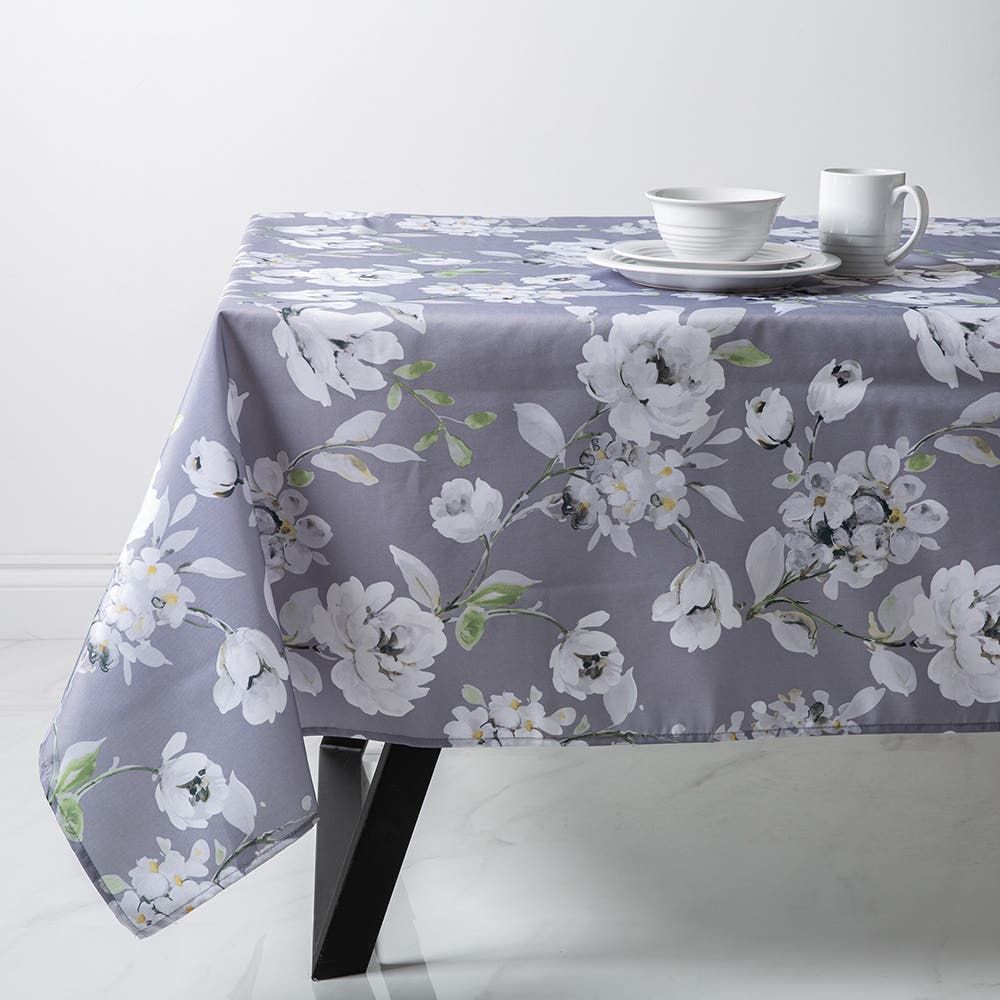 Easycare Printed 'Dahlia' Polyester Tablecloth 58"x78" (Grey)