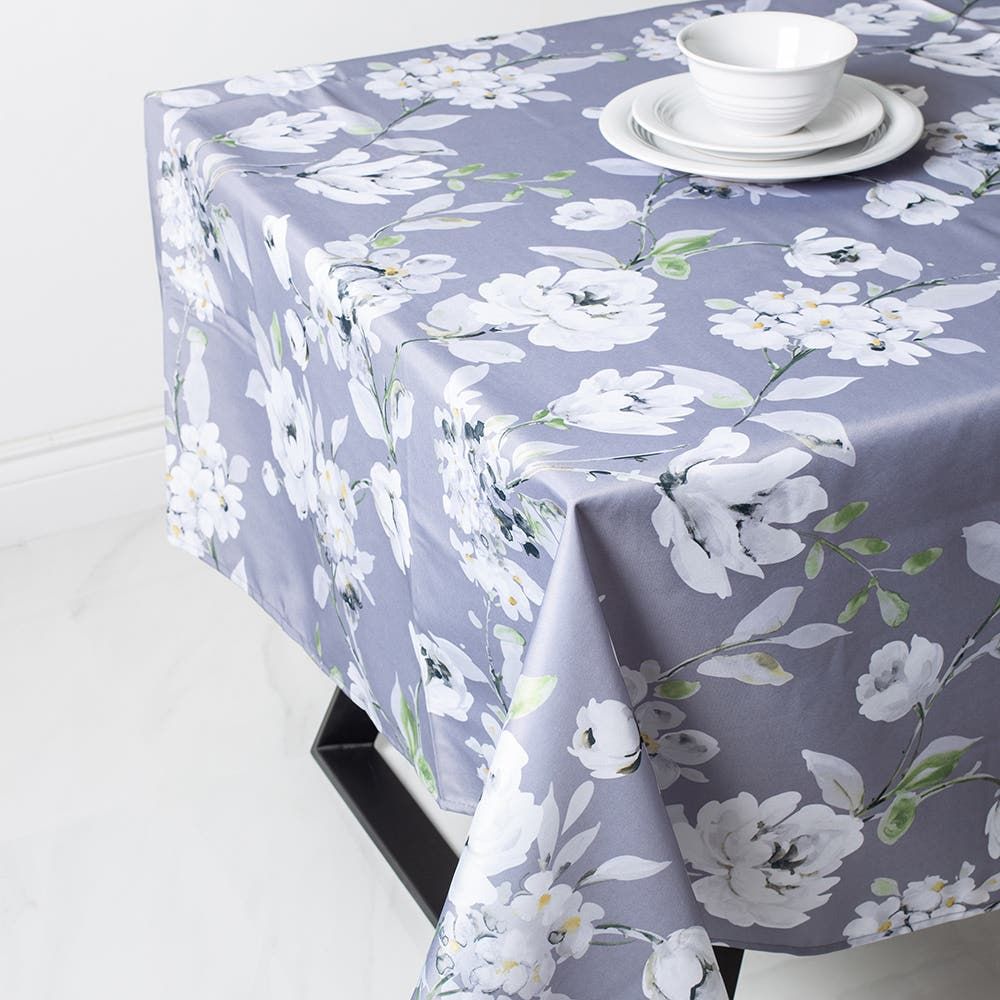 Easycare Printed 'Dahlia' Polyester Tablecloth 58"x78" (Grey)