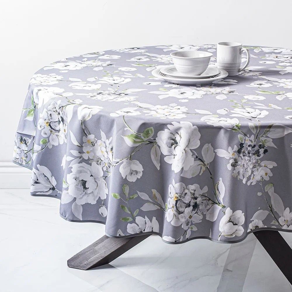 Easycare Printed 'Dahlia' Polyester Tablecloth 70" Round (Grey)