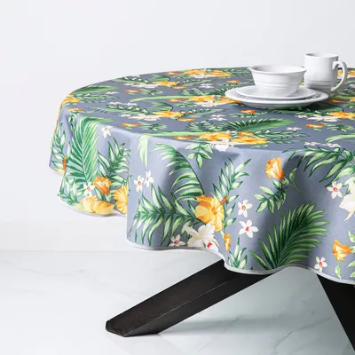 Texstyles Printed 'Tropical' Polyester Tablecloth 70" Round (Grey)