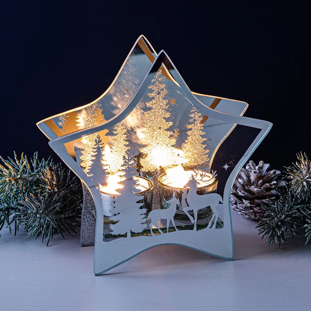 KSP Christmas Mirror 'Star' Glass Tealight Holder 2-Lite (White/Clear)