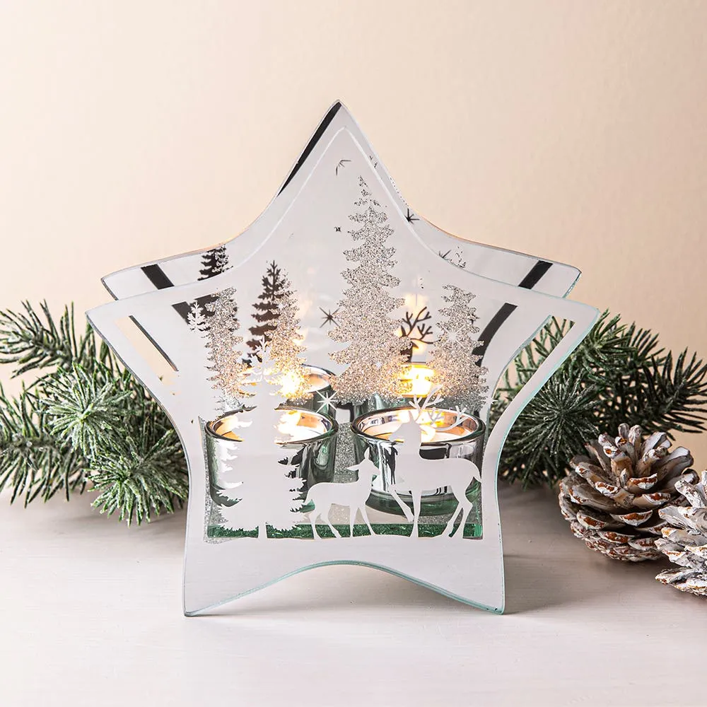 KSP Christmas Mirror 'Star' Glass Tealight Holder 2-Lite (White/Clear)