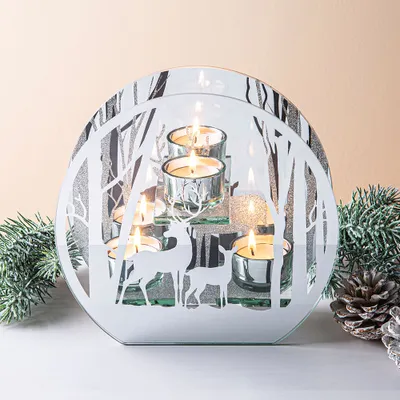 KSP Christmas Mirror 'Winter Forest' Glass Tealight Holder 3-Light