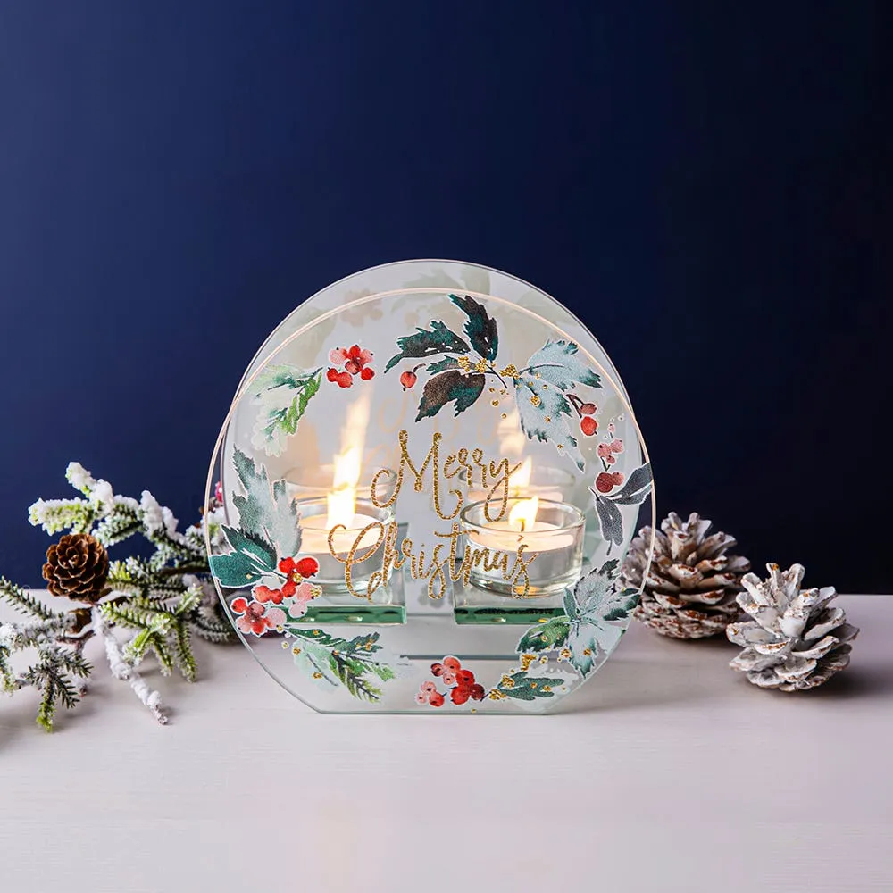 KSP Christmas Mirror 'Berries w/ Holly' Glass Tealight Holder 2-Light