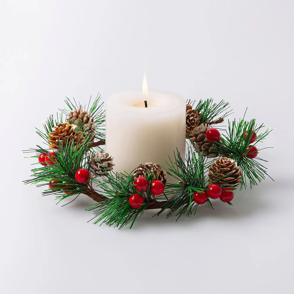 Deco Noel Christmas 'Pinecone w/Berries' Candle Ring 7"dia (Green/Red)