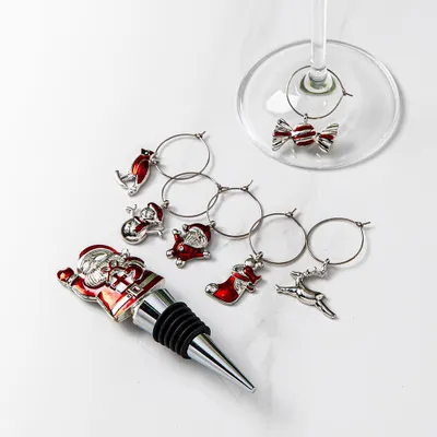 KSP Christmas Wine 'Santa' Stopper with Wine Charms - Set of 7