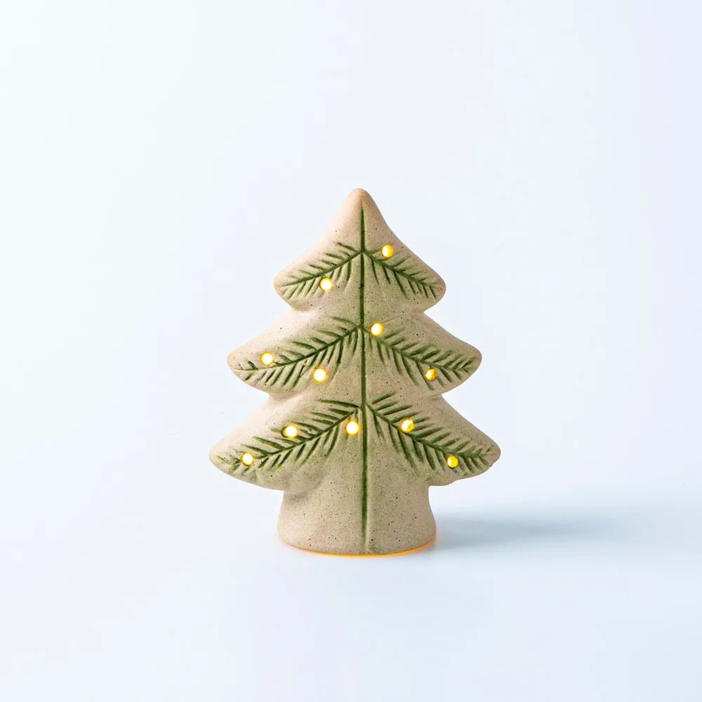 KSP Christmas Village Ceramic LED Tree 9 x 4.3 x 11cm (Natural/Green)